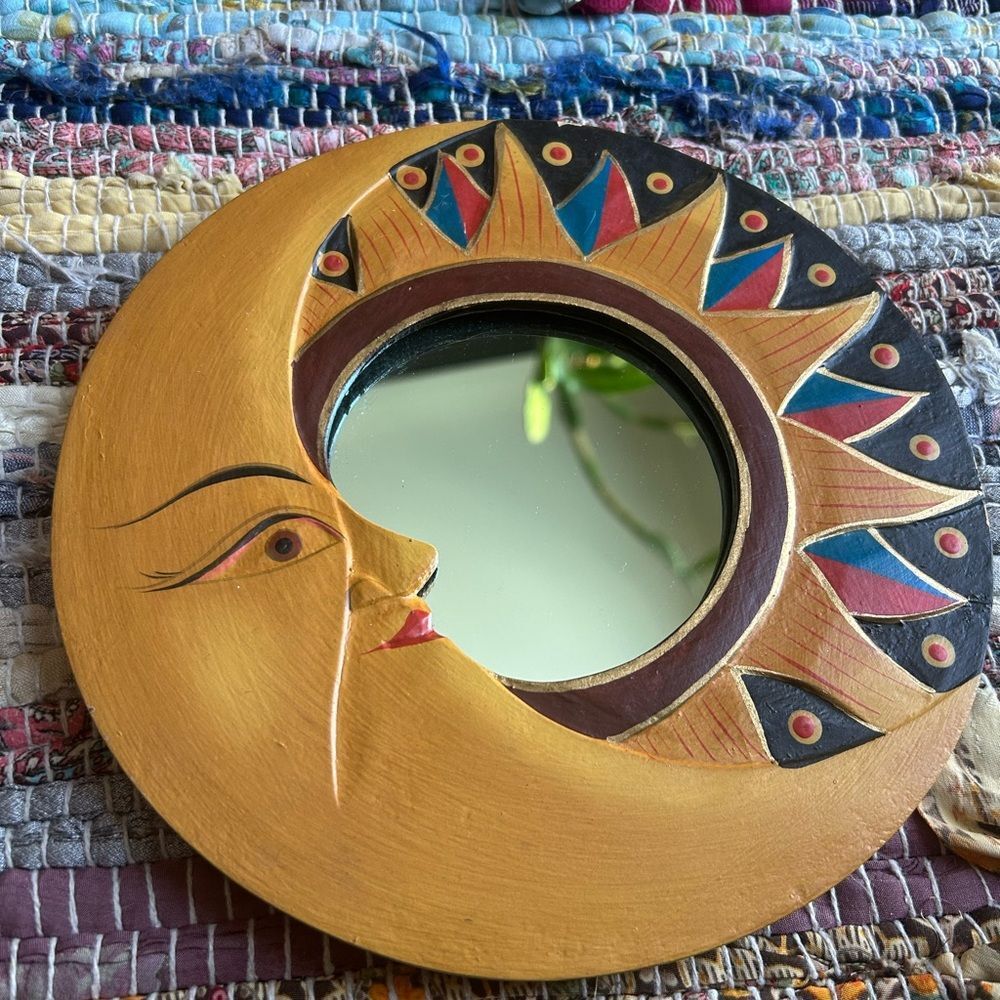 Vintage 90s 7.75" Handcarved Celestial Sun Moon Stars Wall Mirror Indonesia
